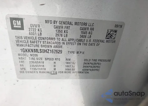 2017 GMC Acadia Slt-1 из США, поврежденный, VIN 1GKKNMLS0HZ167629